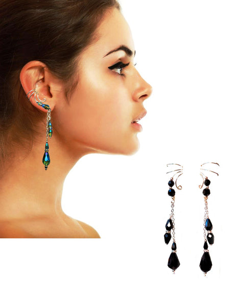 Purple Blue AB Briolettes and Multi Crystal Dangle Non-pierced Ear Cuff