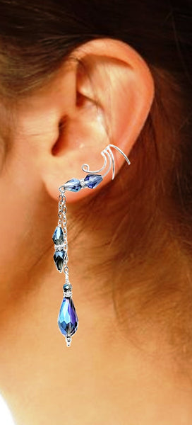 Purple Blue AB Briolettes and Multi Crystal Dangle Non-pierced Ear Cuff