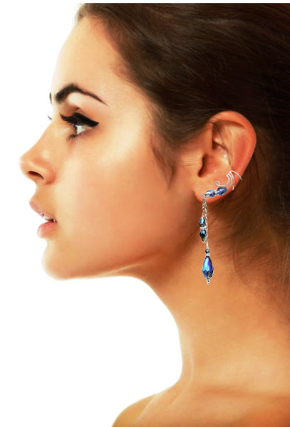 Purple Blue AB Briolettes and Multi Crystal Dangle Non-pierced Ear Cuff