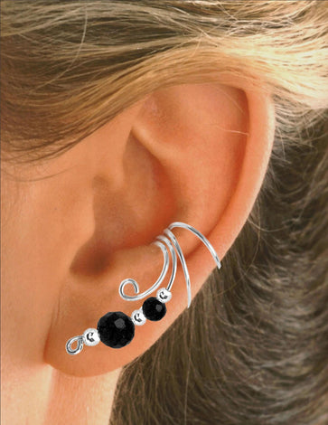 Long Beaded Wave Ear Cuffs in Boho Sterling Silver