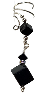 Ear Charms Black Onyx Cubes Non-pierced Ear Cuff with Rhinestone Accents, Sterling Silver