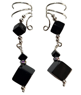 Ear Charms Black Onyx Cubes Non-pierced Ear Cuff with Rhinestone Accents, Sterling Silver