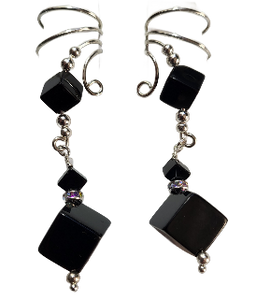 Ear Charms Black Onyx Cubes Non-pierced Ear Cuff with Rhinestone Accents, Sterling Silver