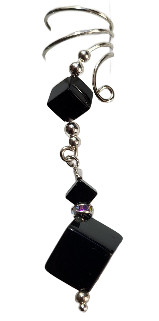 Ear Charms Black Onyx Cubes Non-pierced Ear Cuff with Rhinestone Accents, Sterling Silver