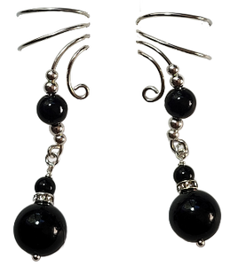 Ear Charms Genuine 8mm Rd. Black Onyx & Crystal Dangle Ear Cuff Non-pierced earrings