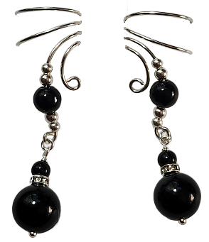 Ear Charms Black Onyx Gem Non-pierced Ear Cuff with  ©  Accents, Sterling Silver