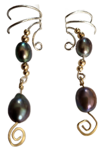Ear Charms Peacock Pearls with golden spiral accent Ear Cuff Non-pierced Earrings