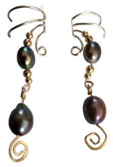 Ear Charms Peacock Pearls with golden spiral accent Ear Cuff Non-pierced Earrings