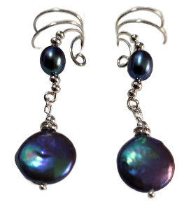Ear Charms large Peacock Coin Pearls with Crystal accent Non-pierced Ear Cuff Earrings