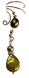 Ear Charms Iridescent Green Teardrop Pearls with Crystal Accent Non-pierced Ear Cuff Earrings