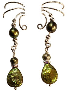 Ear Charms Iridescent Green Teardrop Pearls with Crystal Accent Non-pierced Ear Cuff Earrings