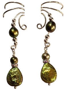 Ear Charms Iridescent Green Teardrop Pearls with Crystal Accent Non-pierced Ear Cuff Earrings