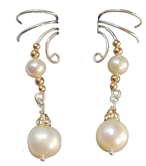 Ear Charms White Cultured Pearls with Crystal accent Non-pierced Ear Cuff Earrings