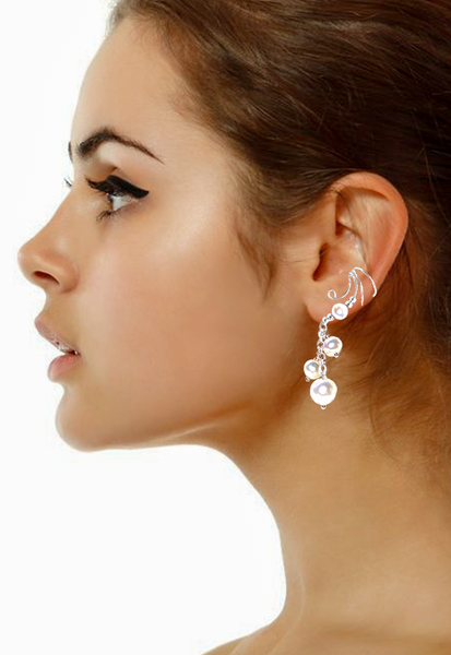 Wave Ear Cuff with Dancing White Cultured Pearl Drop in sterling silver