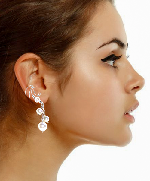 Wave Ear Cuff with Dancing White Cultured Pearl Drop in sterling silver