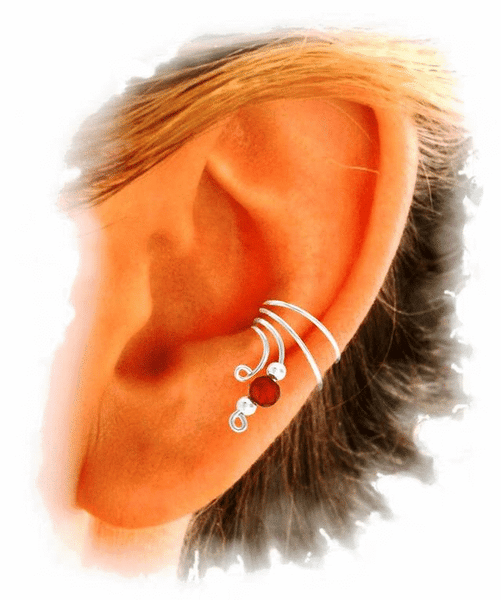 Red Jade Beaded Silver Short Wave Ear Cuff earrings