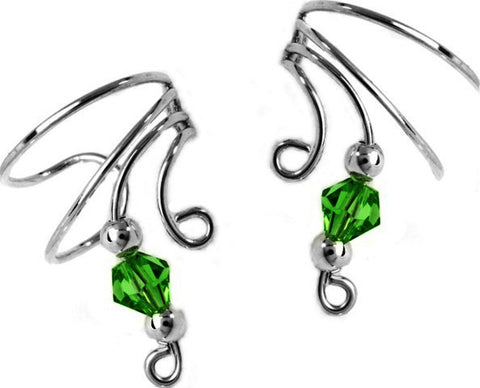 Green Crystal Beaded Short Wave Ear Cuffs