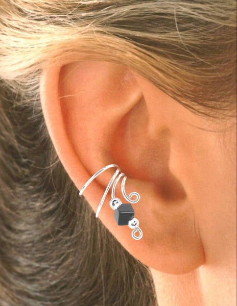 Hematite Cube Beaded Short Wave Ear Cuffs