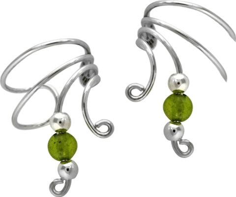 Olive Jade silver Beaded Short Wave Ear Cuff