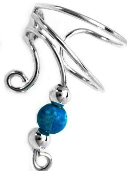 Turquoise Beaded Silver Short Wave Ear Cuff