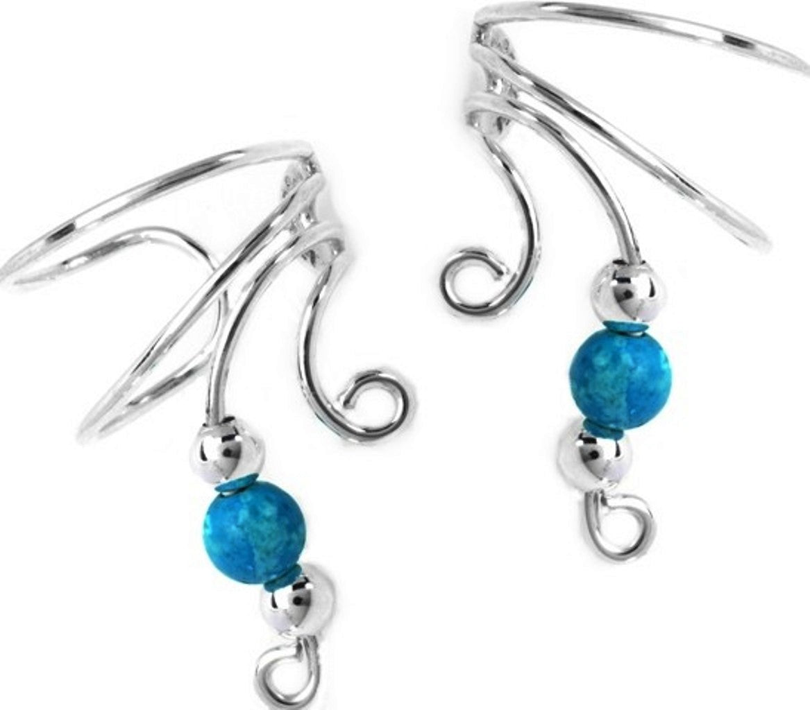 Turquoise Beaded Silver Short Wave Ear Cuff