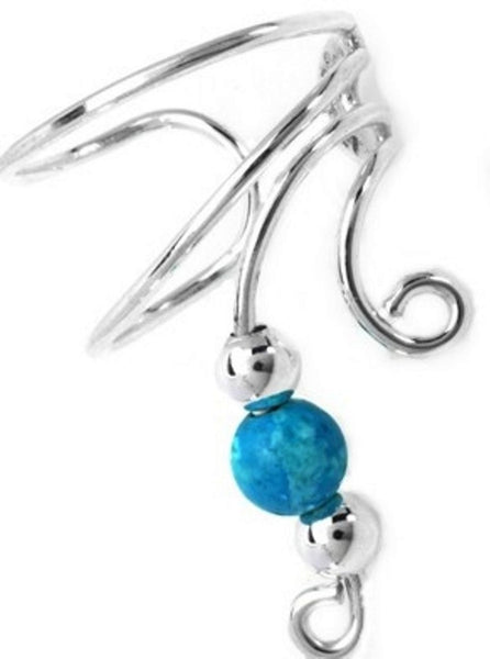 Turquoise Beaded Silver Short Wave Ear Cuff
