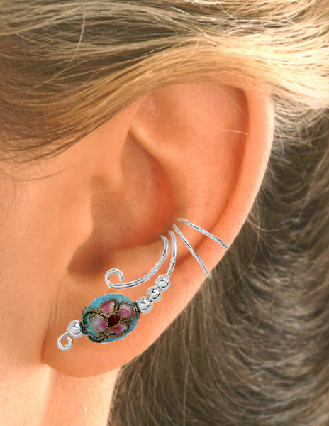 Cloisonne Blue Oval Long Beaded Wave Ear Cuff Earrings, No Holes!