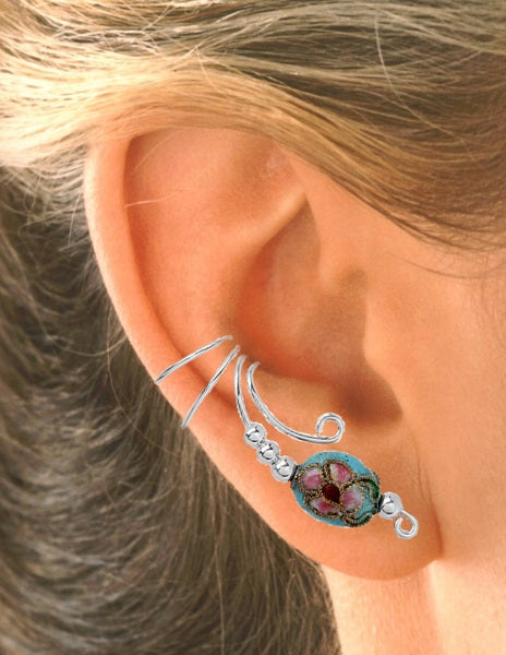 Cloisonne Blue Oval Long Beaded Wave Ear Cuff Earrings, No Holes!