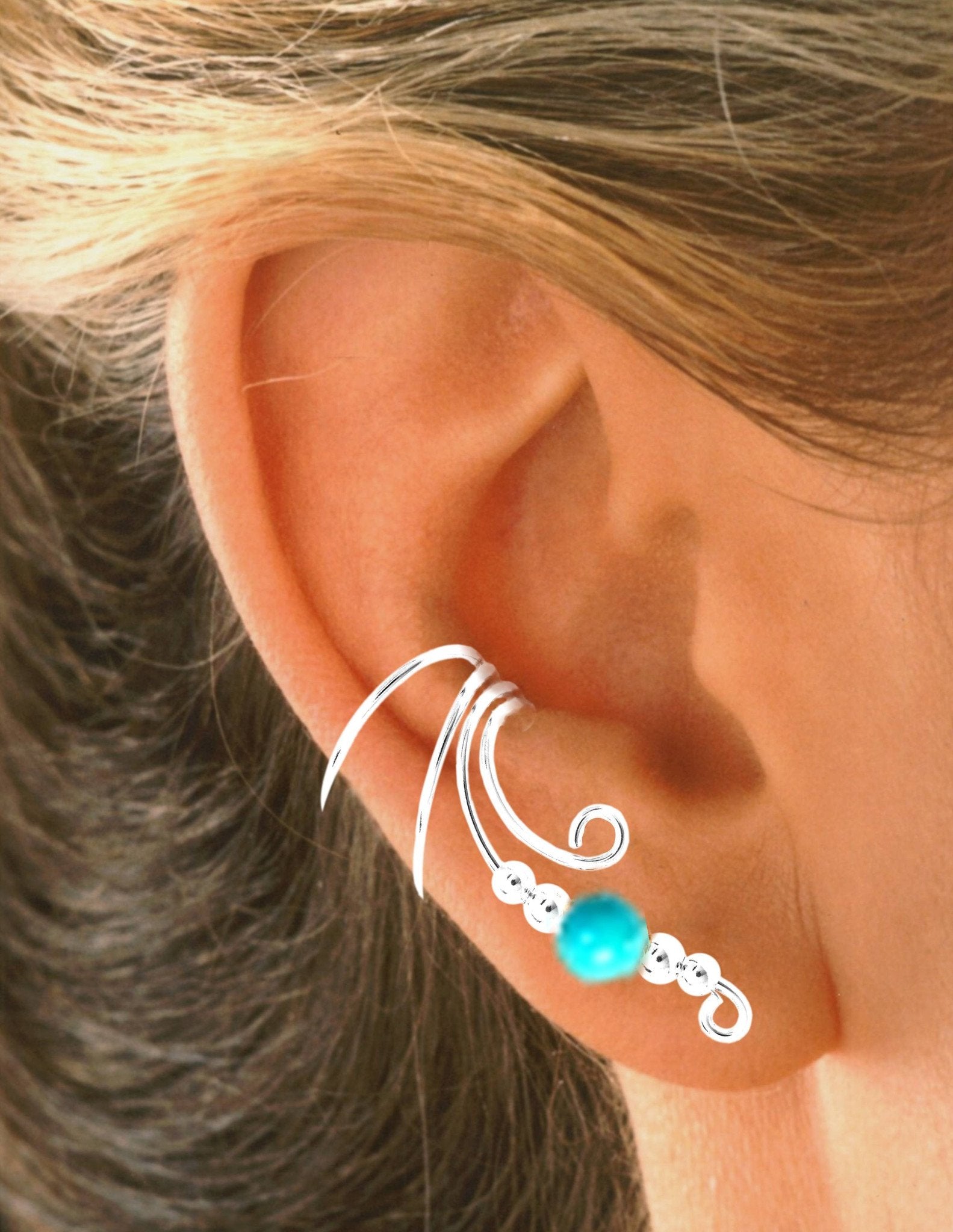Turquoise Beaded Long Curly Wave Ear Cuff earrings