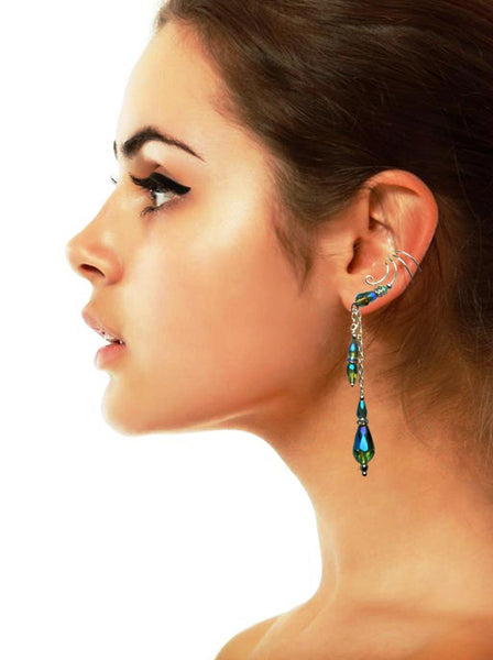 Green AB Irridescent Crystal Multi-Briolette Non-pierced Ear Cuff Dangle Earrings