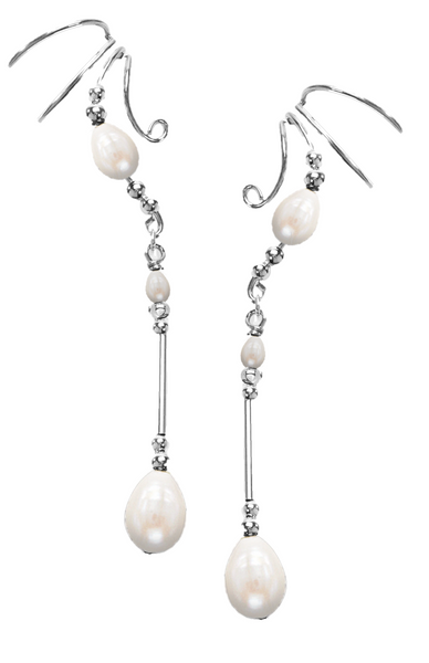 Large White Freshwater Teardrop Pearl 1.5" Long Dangle non-pierced Wave Ear Cuff Earrings