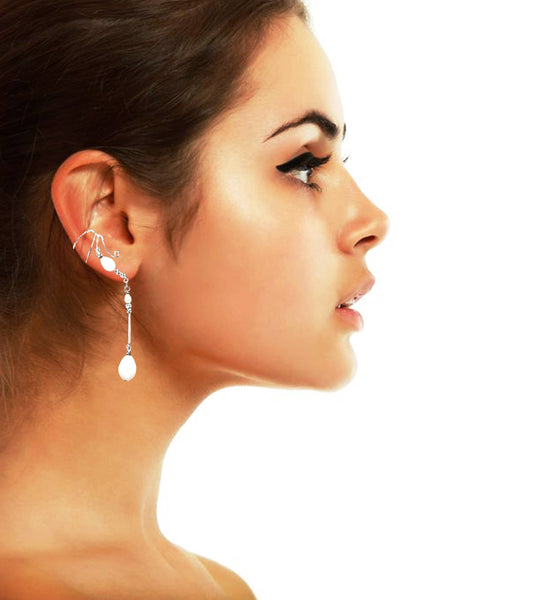 Large White Freshwater Teardrop Pearl 1.5" Long Dangle non-pierced Wave Ear Cuff Earrings