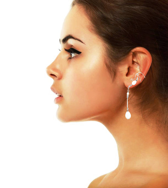 Large White Freshwater Teardrop Pearl 1.5" Long Dangle non-pierced Wave Ear Cuff Earrings